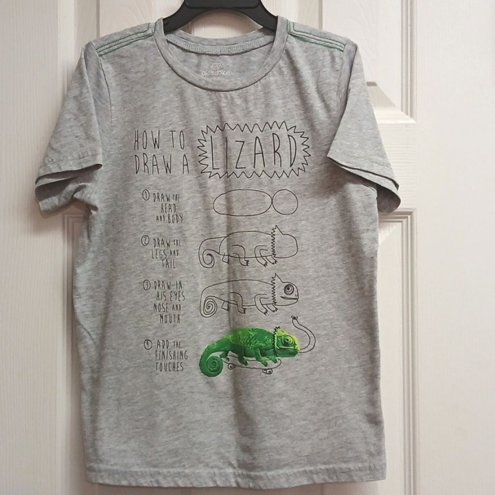 🩷OKIE DOKIE Boys XL7 "How To Draw A Lizzard" Tshirt, Gray